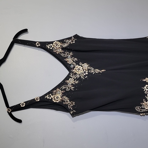 90'S Vintage R&M Richards Black Sequin Embroidered Floral Midi Dress - Picture 1 of 14